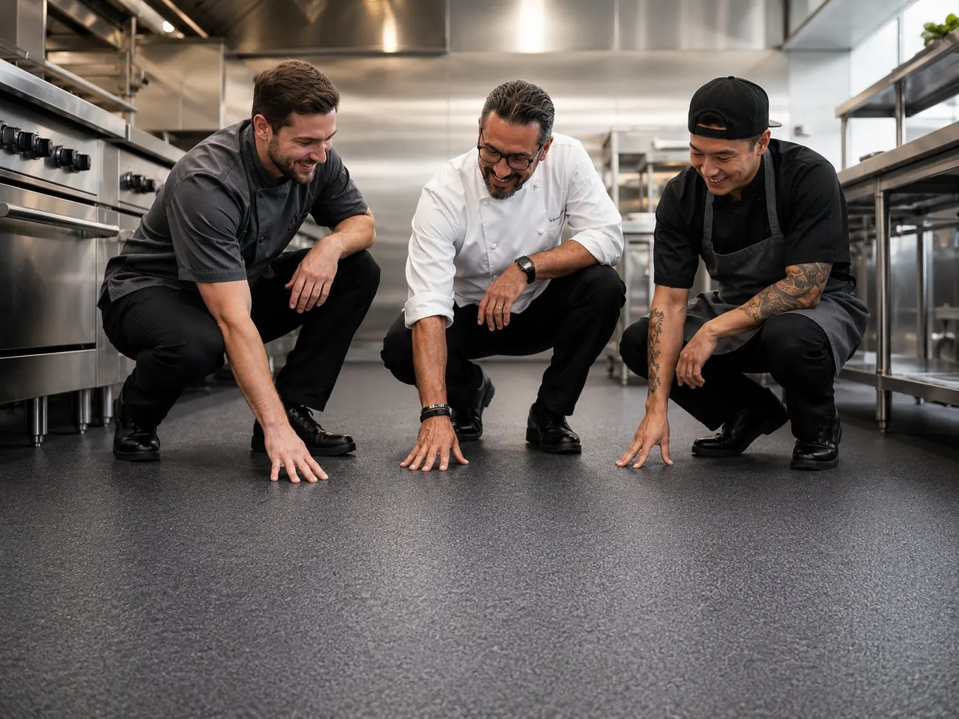 Kitchen crew standing on Eco-Grip slip-resistant flooring