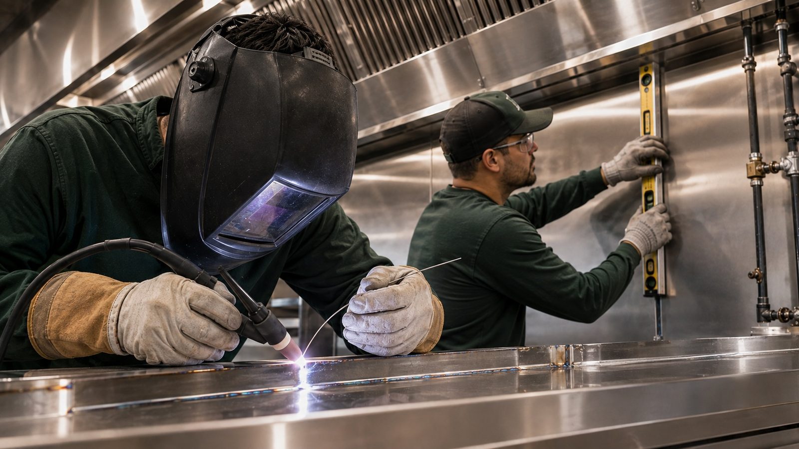 Stainless steel fabrication shop building a custom commercial worktable