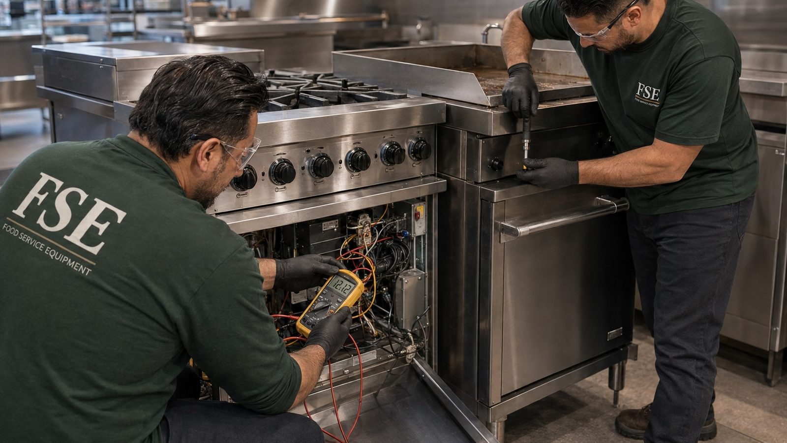 Commercial cooking line with gas range, fryer and combi oven under a stainless hood